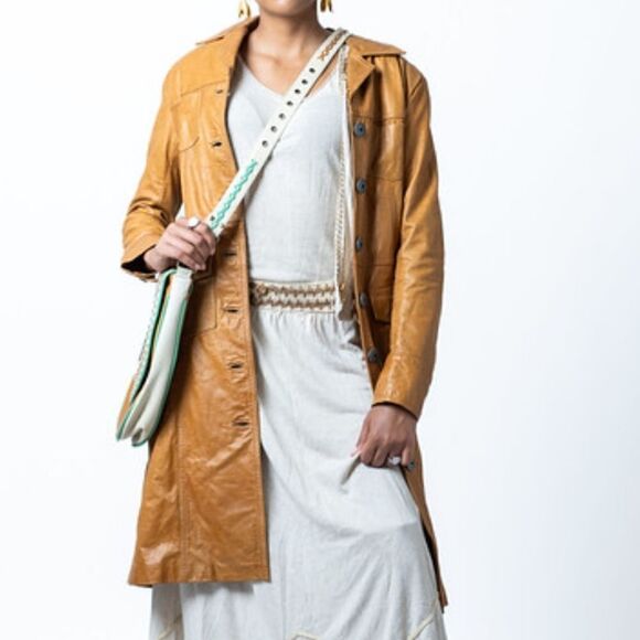 Crayon Leather Trench Coat Brown Cognac Vintage Made in Argentina. Size Small